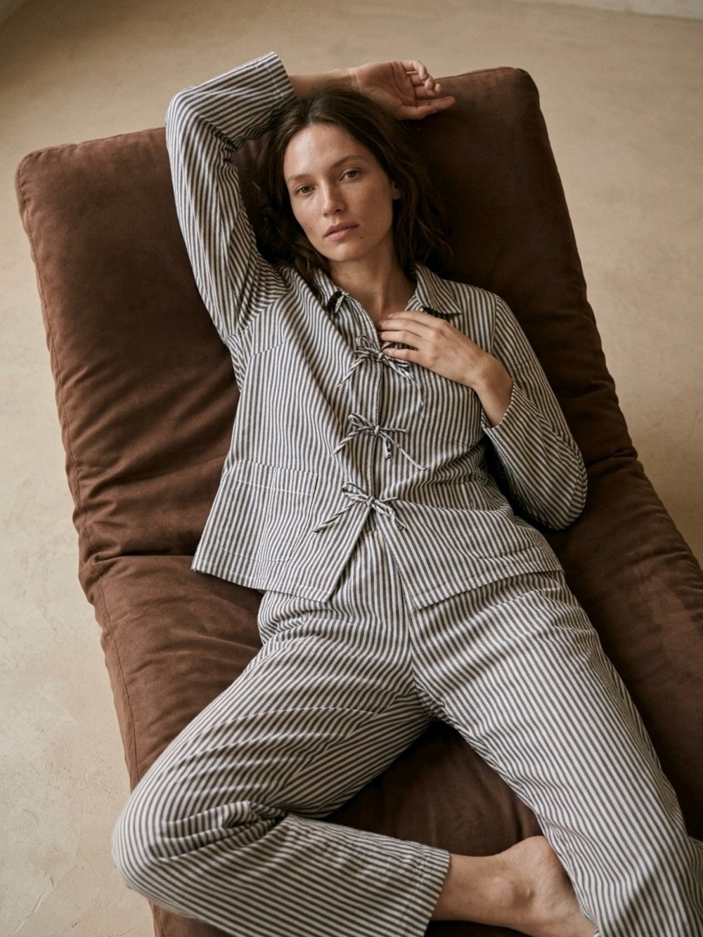 Sleeper Black-and-White Straight-Leg Striped Pajamas With Tie Top.